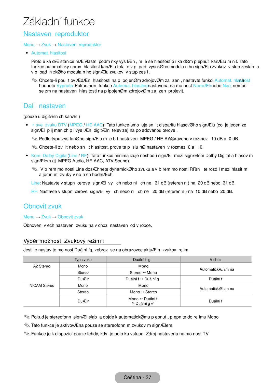 Samsung LT24D391EX/EN, LT27D390EW/EN Nastavení reproduktorů, Další nastavení, Obnovit zvuk, Výběr možnosti Zvukový režim t 