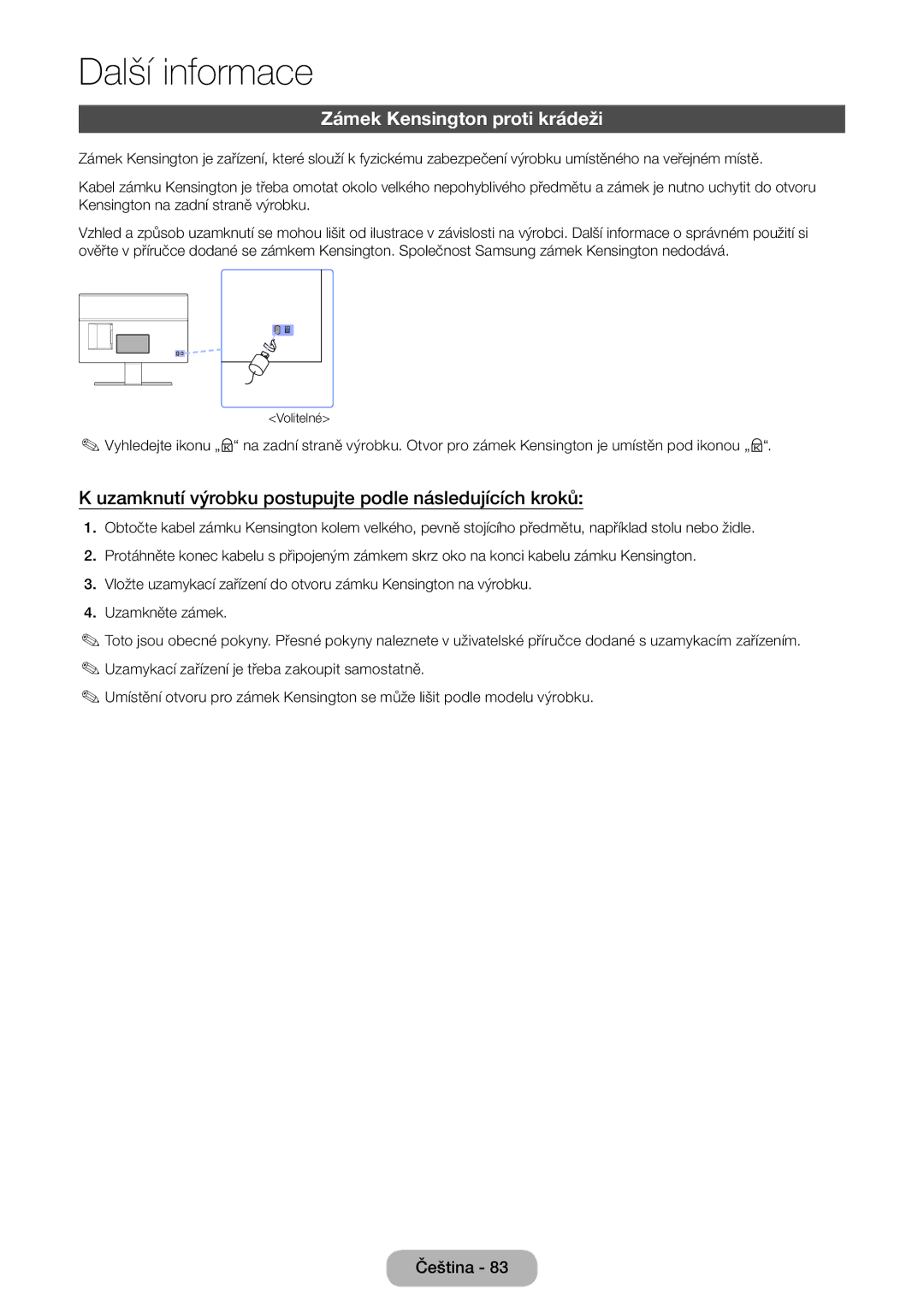 Samsung LT22D390EW/EN manual Zámek Kensington proti krádeži, Uzamknutí výrobku postupujte podle následujících kroků 