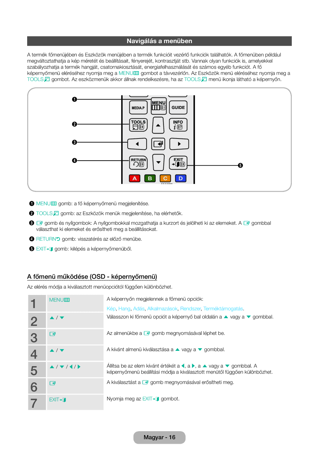 Samsung LT27D590EW/EN manual Navigálás a menüben, Főmenü működése OSD képernyőmenü, Képernyőn megjelennek a főmenü opciók 