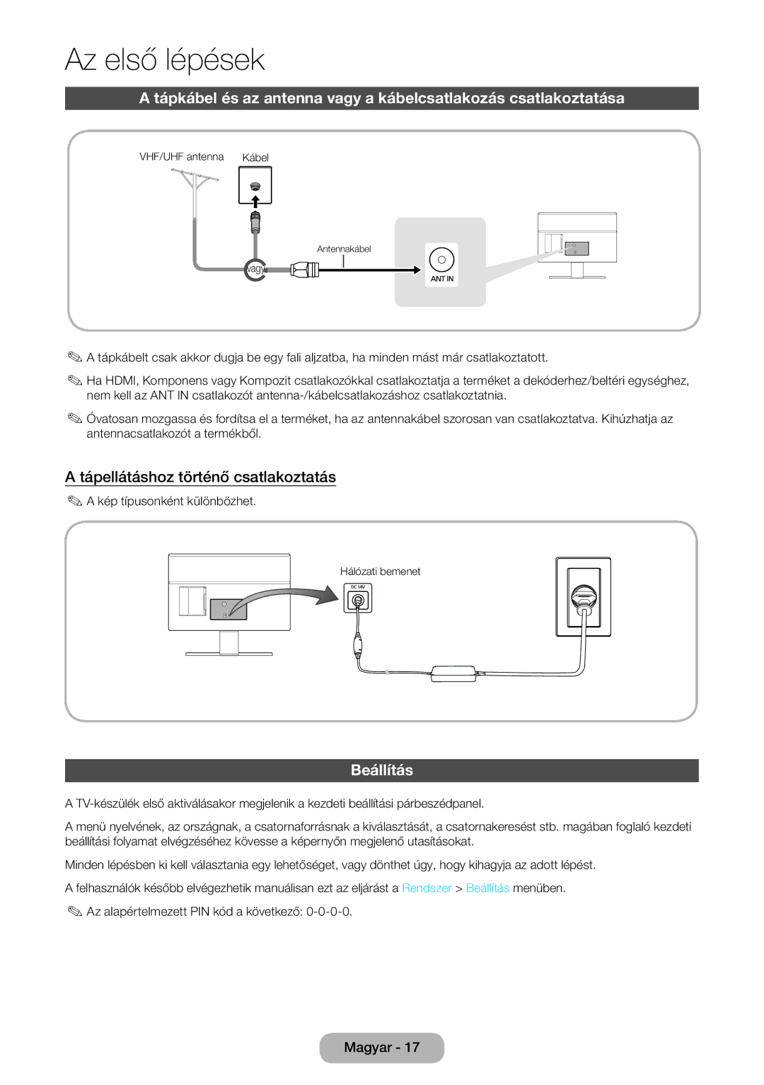 Samsung LT24D391EX/EN, LT27D390EW/EN manual Tápellátáshoz történő csatlakoztatás, Beállítás, Kép típusonként különbözhet 