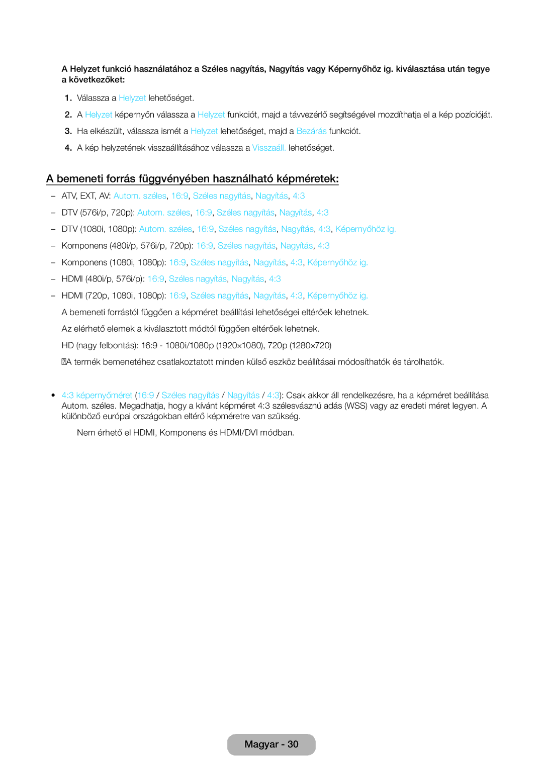 Samsung LT27D390EW/EN, LT24D391EW/EN, LT24D590EW/EN, LT22D390EW/EN manual Bemeneti forrás függvényében használható képméretek 