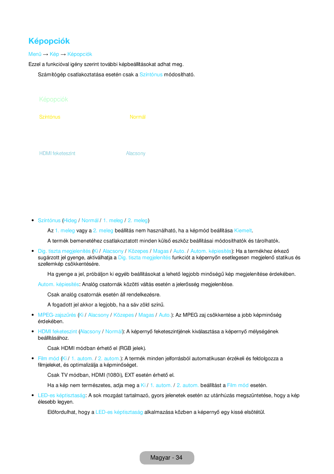 Samsung LT22D390EWB/EN, LT27D390EW/EN manual Menü → Kép → Képopciók, Színtónus Hideg / Normál / 1. meleg / 2. meleg 