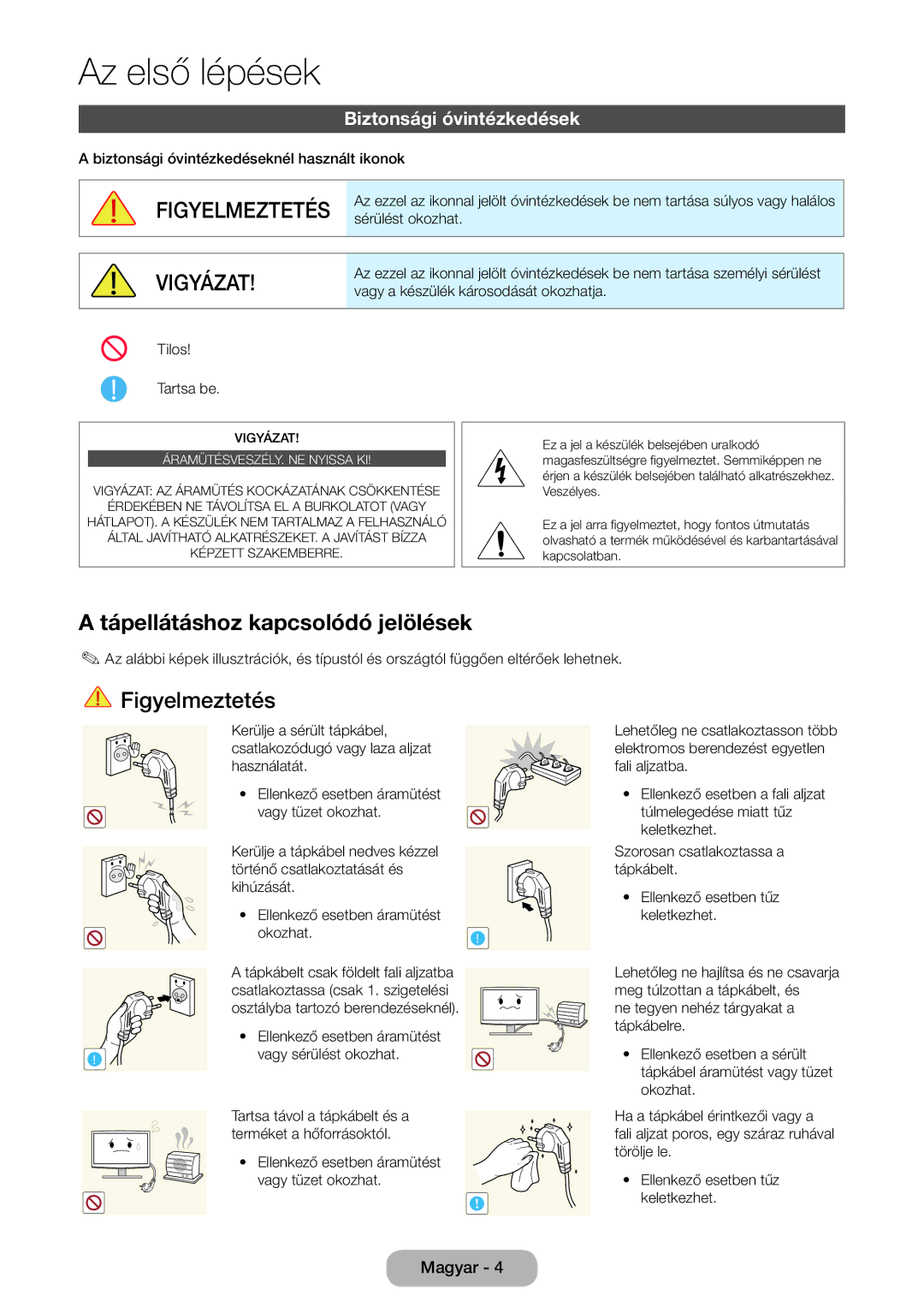 Samsung LT22D390EWB/EN, LT27D390EW/EN, LT24D391EW/EN manual Tápellátáshoz kapcsolódó jelölések, Biztonsági óvintézkedések 