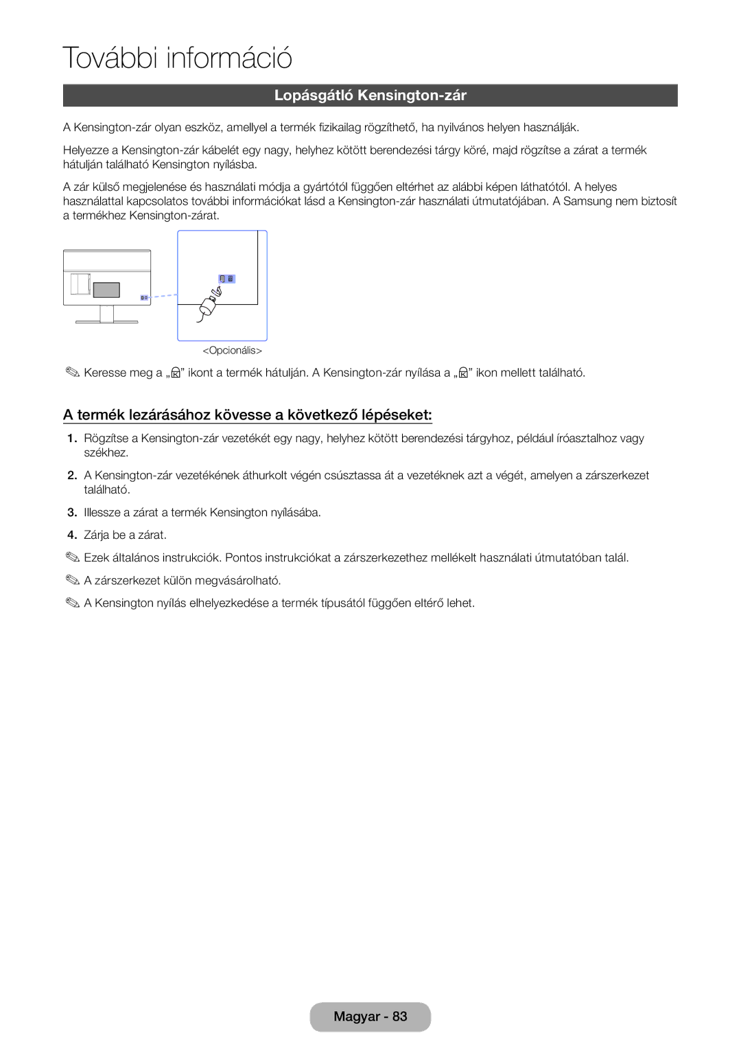 Samsung LT22D390EW/EN, LT27D390EW/EN manual Lopásgátló Kensington-zár, Termék lezárásához kövesse a következő lépéseket 