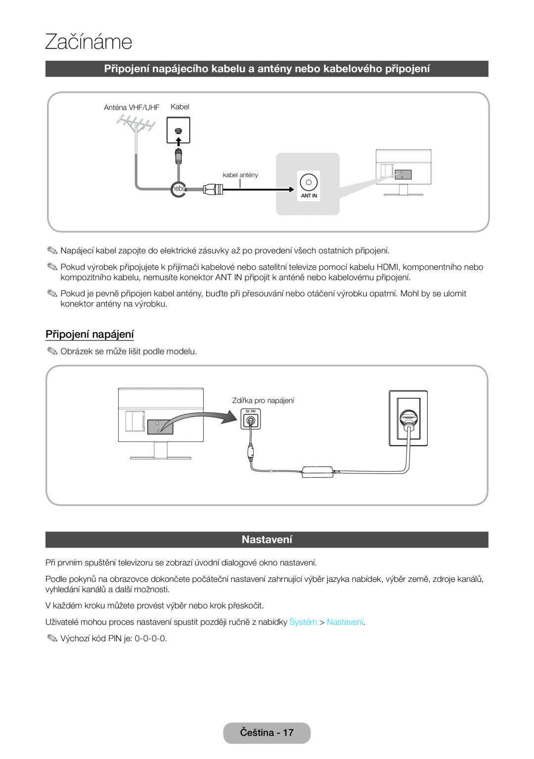 Samsung LT24D391EX/EN manual Připojení napájecího kabelu a antény nebo kabelového připojení, Připojení napájení, Nastavení 
