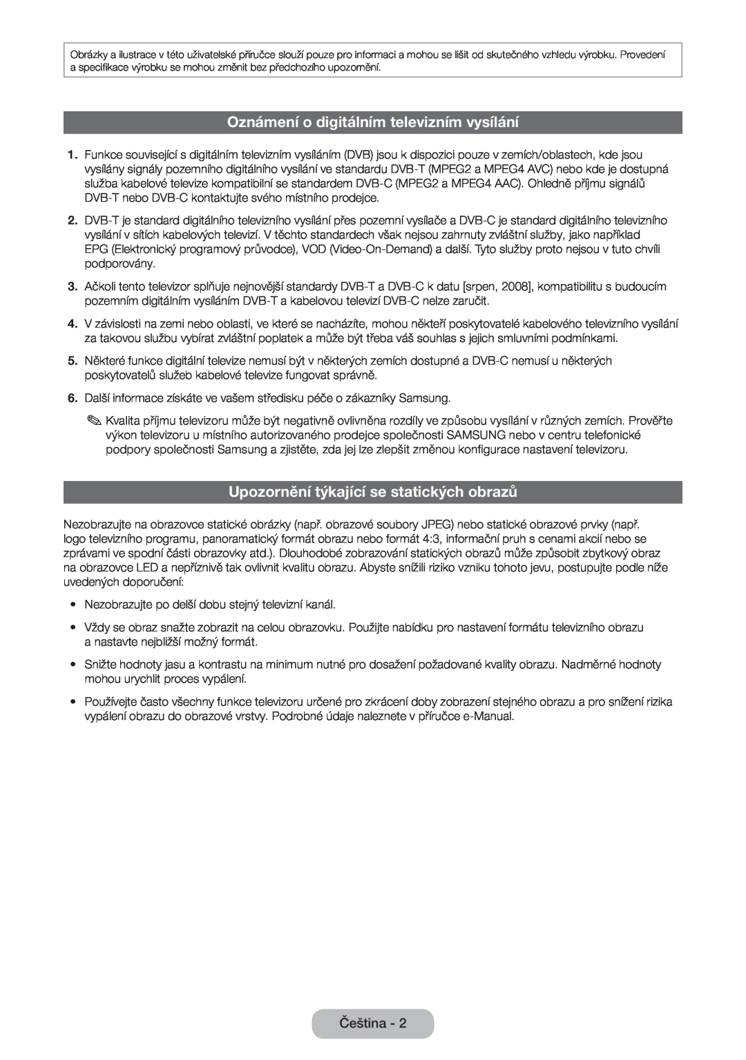 Samsung LT24D590EW/EN manual Oznámení o digitálním televizním vysílání, Upozornění týkající se statických obrazů, Čeština 