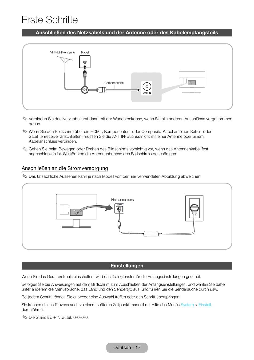 Samsung LT27D590EW/EN, LT27D390EW/EN, LT24D391EW/EN, LT24D590EW/EN manual Anschließen an die Stromversorgung, Einstellungen 