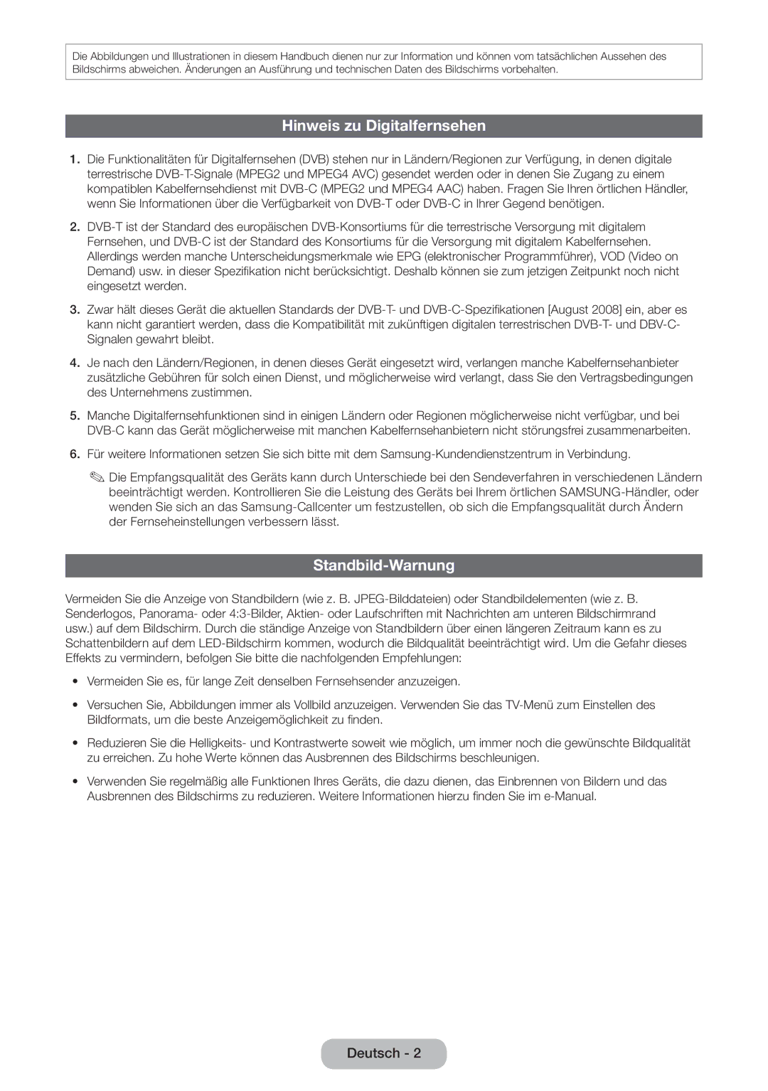 Samsung LT24D590EW/EN, LT27D390EW/EN, LT24D391EW/EN, LT22D390EW/EN manual Hinweis zu Digitalfernsehen, Standbild-Warnung 
