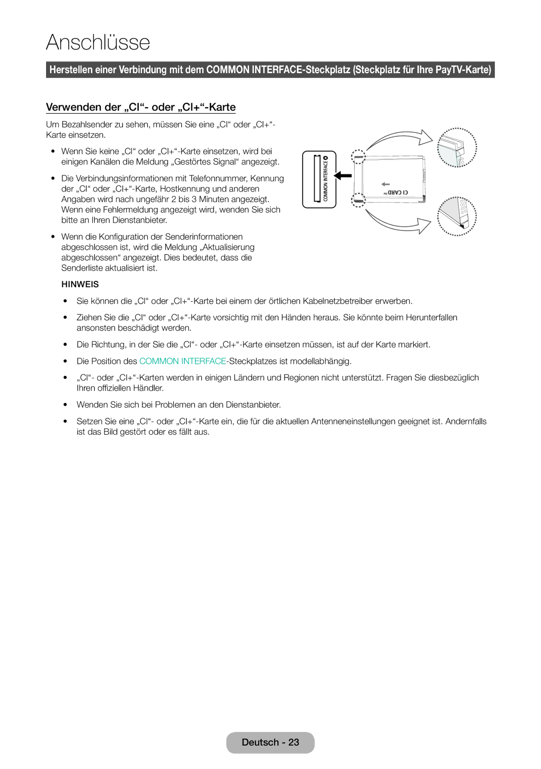 Samsung LT27D590EW/EN, LT27D390EW/EN, LT24D391EW/EN, LT24D590EW/EN, LT22D390EW/EN manual Verwenden der „CI- oder „CI+-Karte 