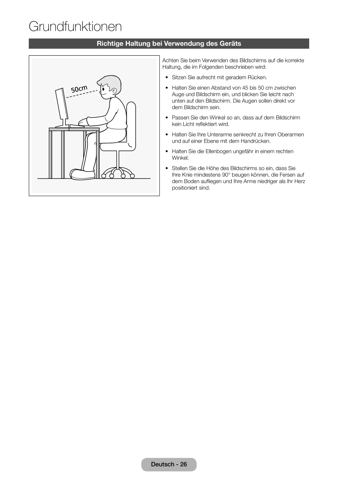 Samsung LT24D590EW/EN, LT27D390EW/EN, LT24D391EW/EN manual Grundfunktionen, Richtige Haltung bei Verwendung des Geräts 