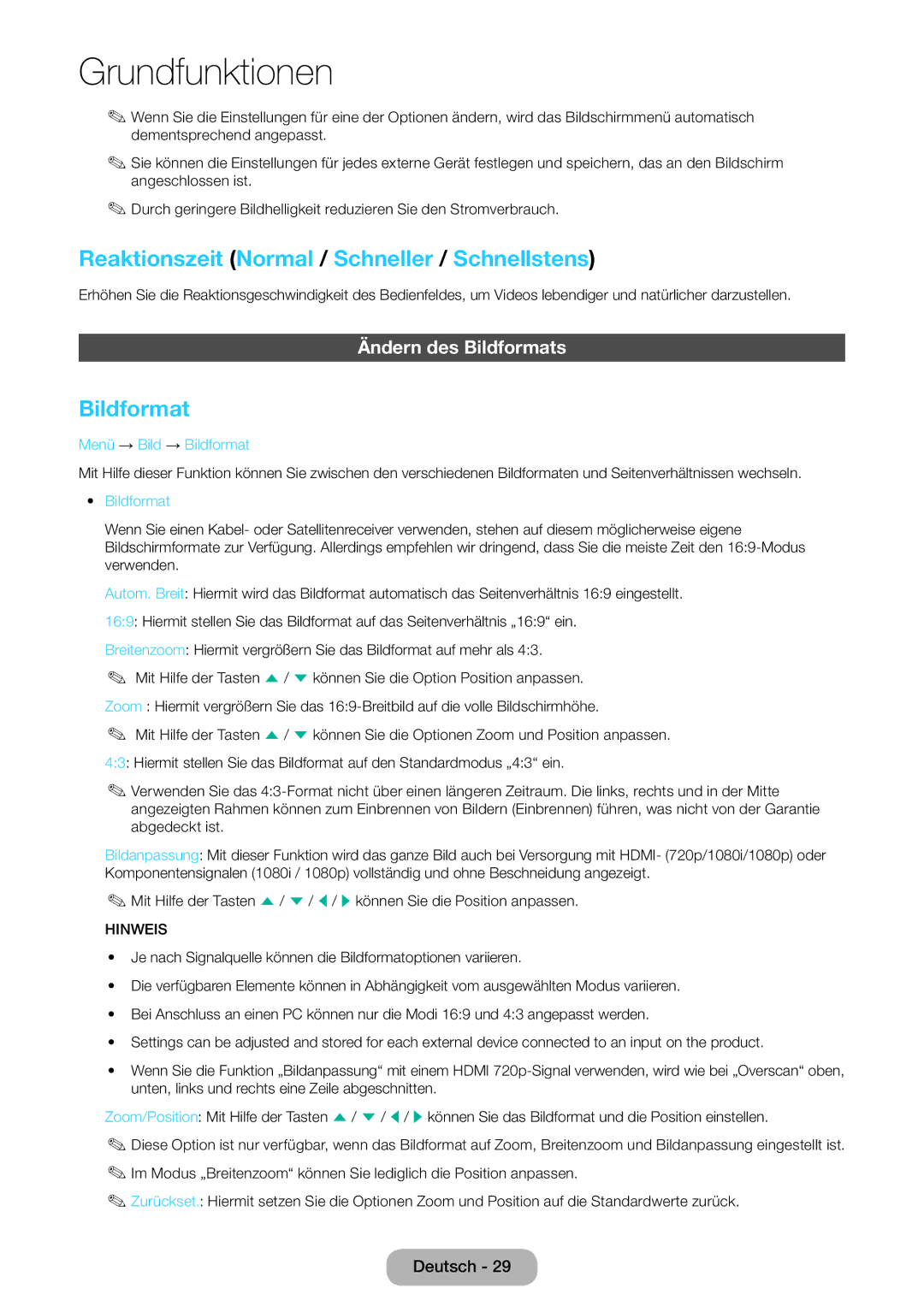 Samsung LT27D590EW/EN, LT27D390EW/EN manual Reaktionszeit Normal / Schneller / Schnellstens, Ändern des Bildformats 