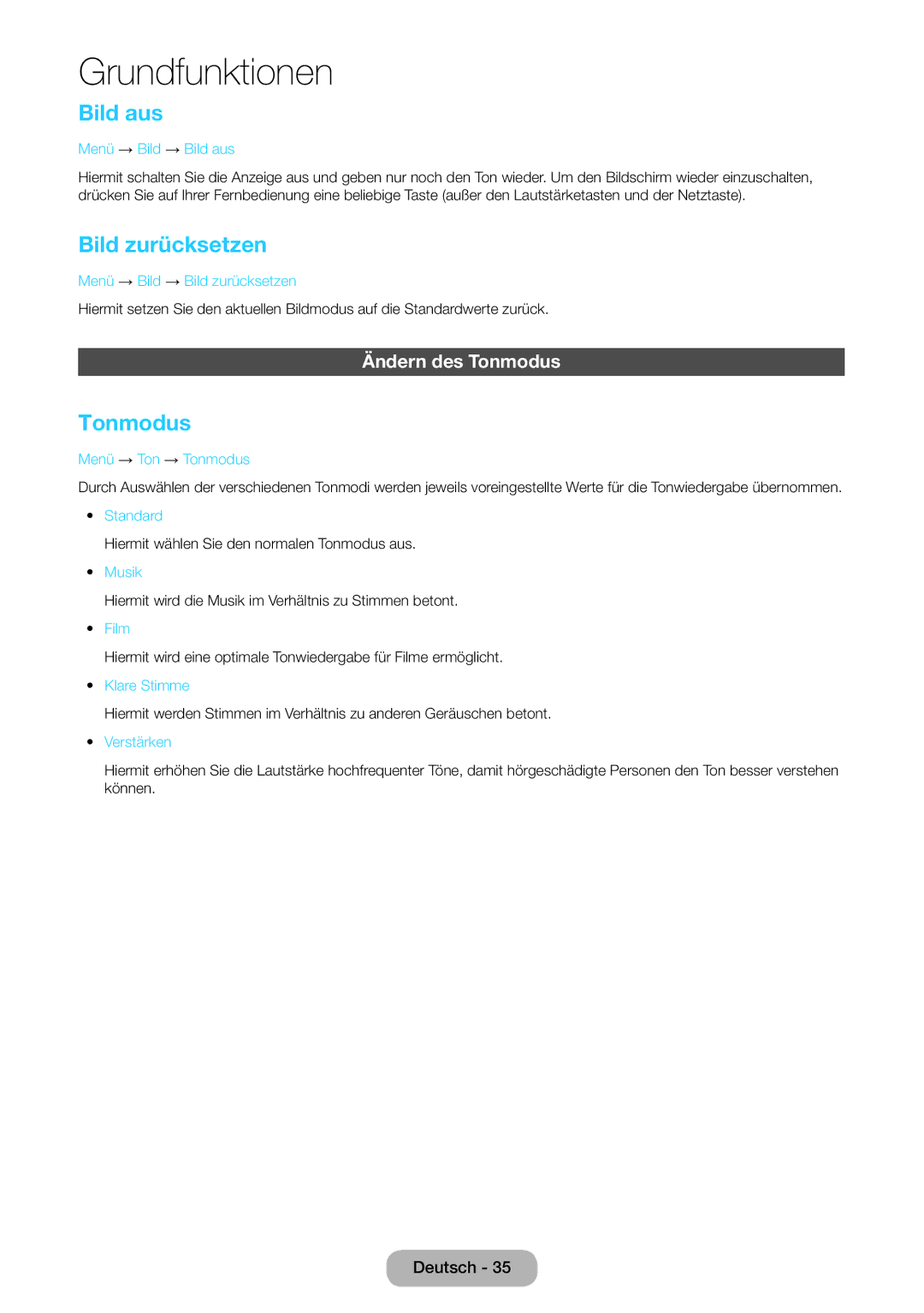 Samsung LT27D590EW/EN, LT27D390EW/EN, LT24D391EW/EN, LT24D590EW/EN manual Bild aus, Bild zurücksetzen, Ändern des Tonmodus 