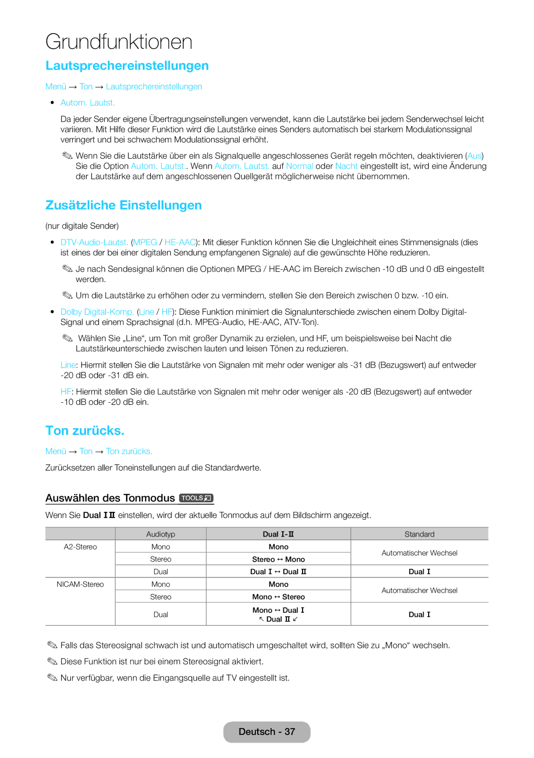 Samsung LT24D391EW/EN manual Lautsprechereinstellungen, Zusätzliche Einstellungen, Ton zurücks, Auswählen des Tonmodus t 