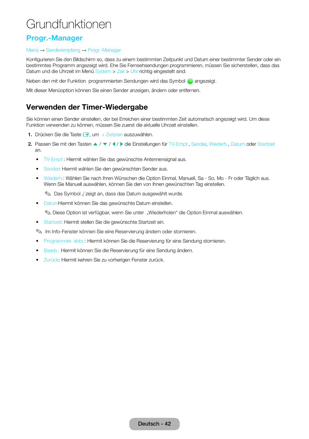 Samsung LT27D390EW/EN, LT24D391EW/EN manual Verwenden der Timer-Wiedergabe, Menü → Senderempfang → Progr.-Manager 