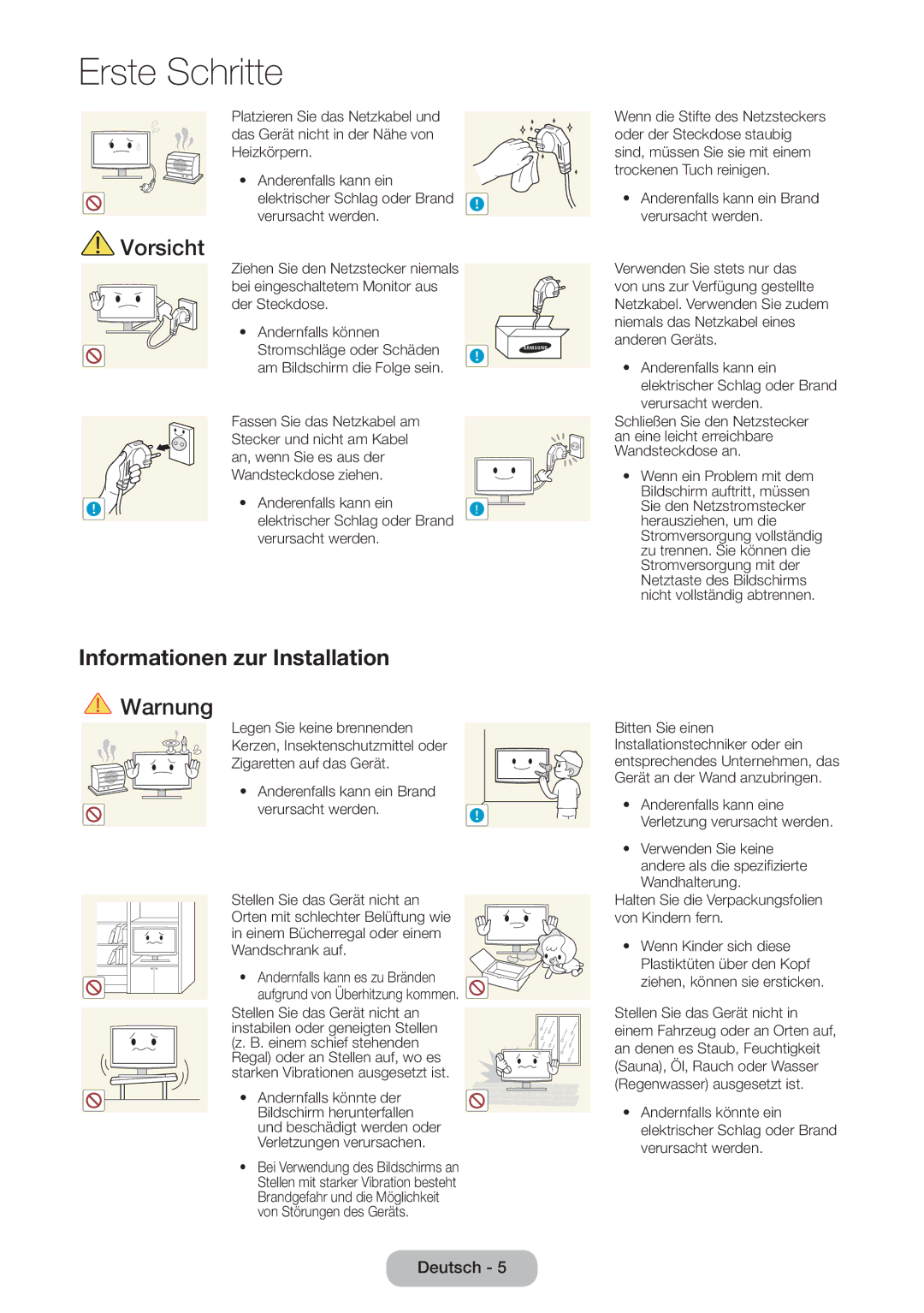 Samsung LT27D590EW/EN, LT27D390EW/EN manual Informationen zur Installation, Anderenfalls kann ein Brand verursacht werden 