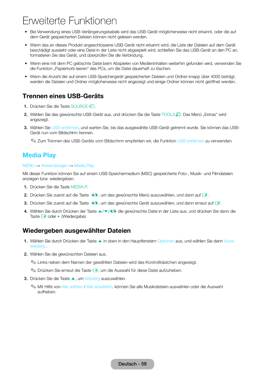 Samsung LT27D590EW/EN, LT27D390EW/EN, LT24D391EW/EN Trennen eines USB-Geräts, Media Play, Wiedergeben ausgewählter Dateien 