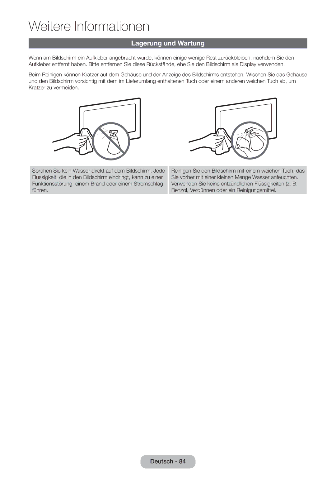 Samsung LT27D390EW/EN, LT24D391EW/EN, LT24D590EW/EN, LT22D390EW/EN, LT24D390EW/EN, LT27D590EW/EN manual Lagerung und Wartung 