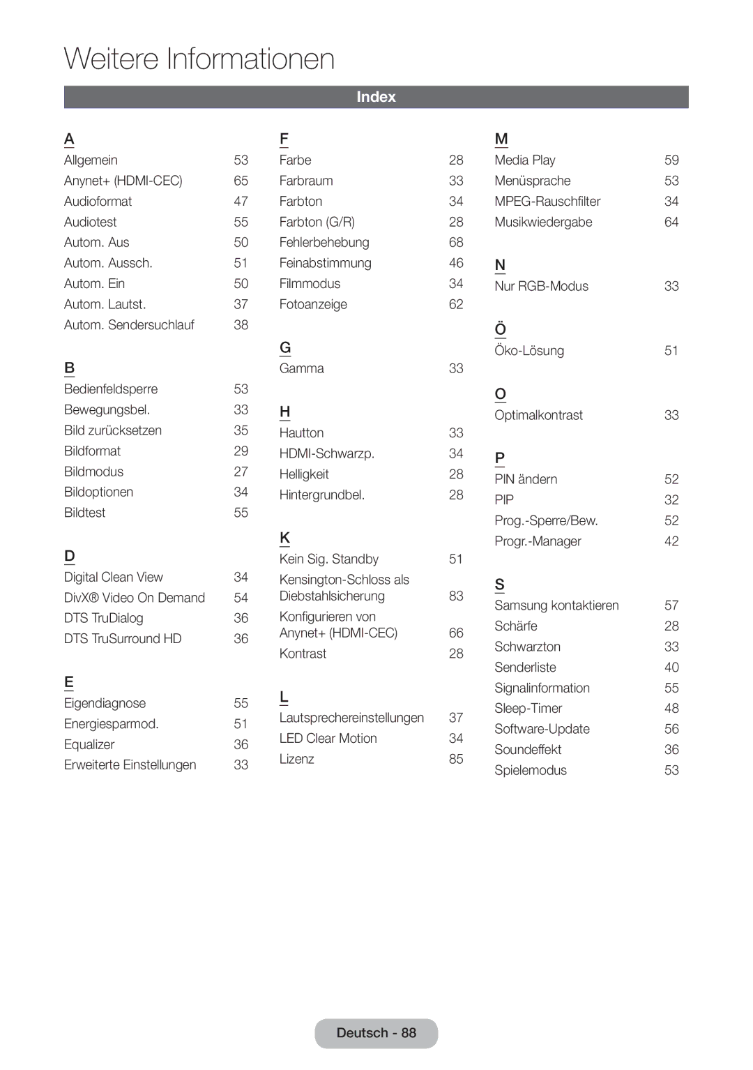 Samsung LT24D390EW/EN, LT27D390EW/EN, LT24D391EW/EN, LT24D590EW/EN, LT22D390EW/EN Index, 46 N, 34 P, Erweiterte Einstellungen 