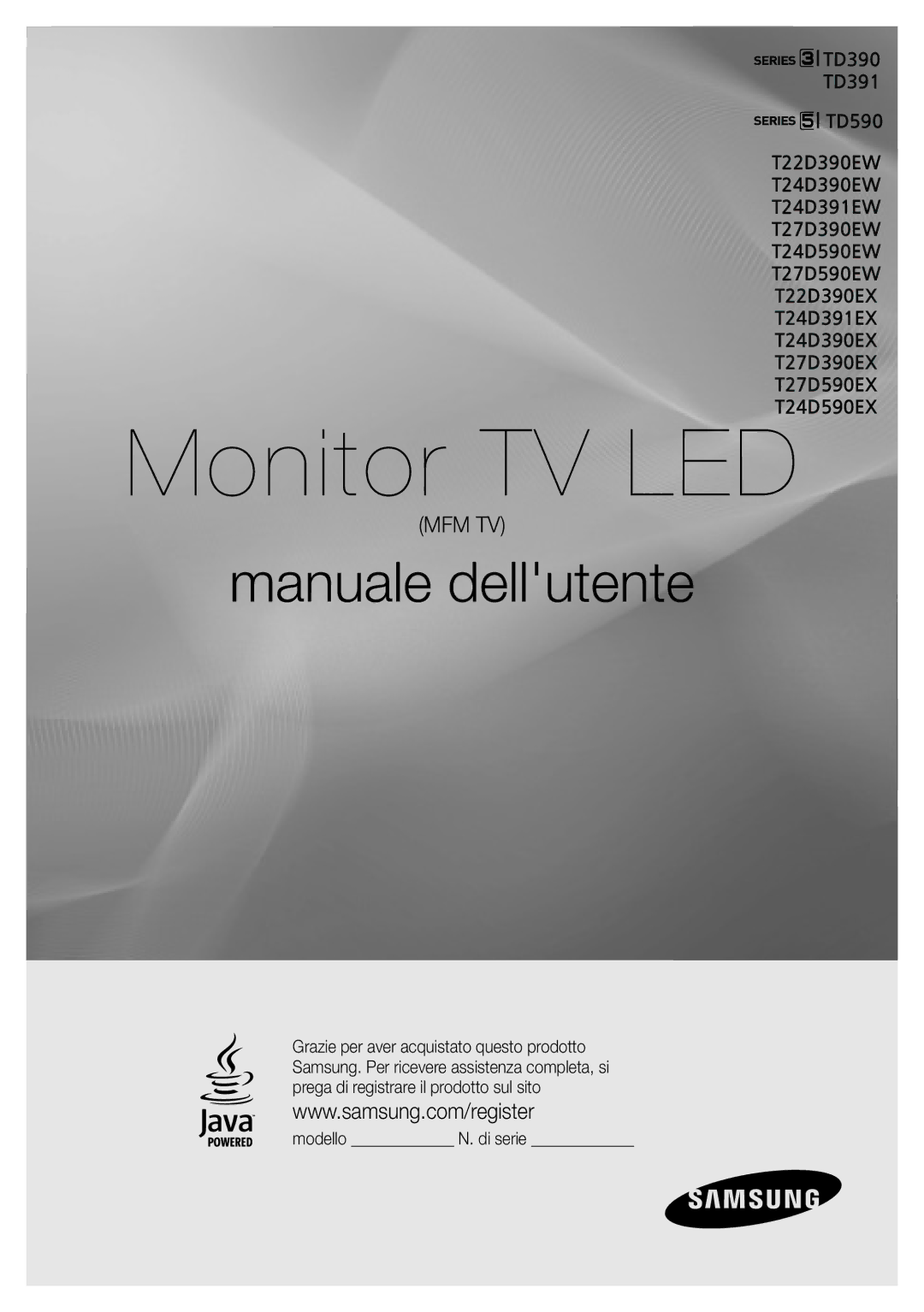 Samsung LT24D391EW/EN, LT27D390EW/EN, LT24D590EW/EN, LT22D390EW/EN, LT24D390EW/EN manual Monitor TV LED, Modello N. di serie 