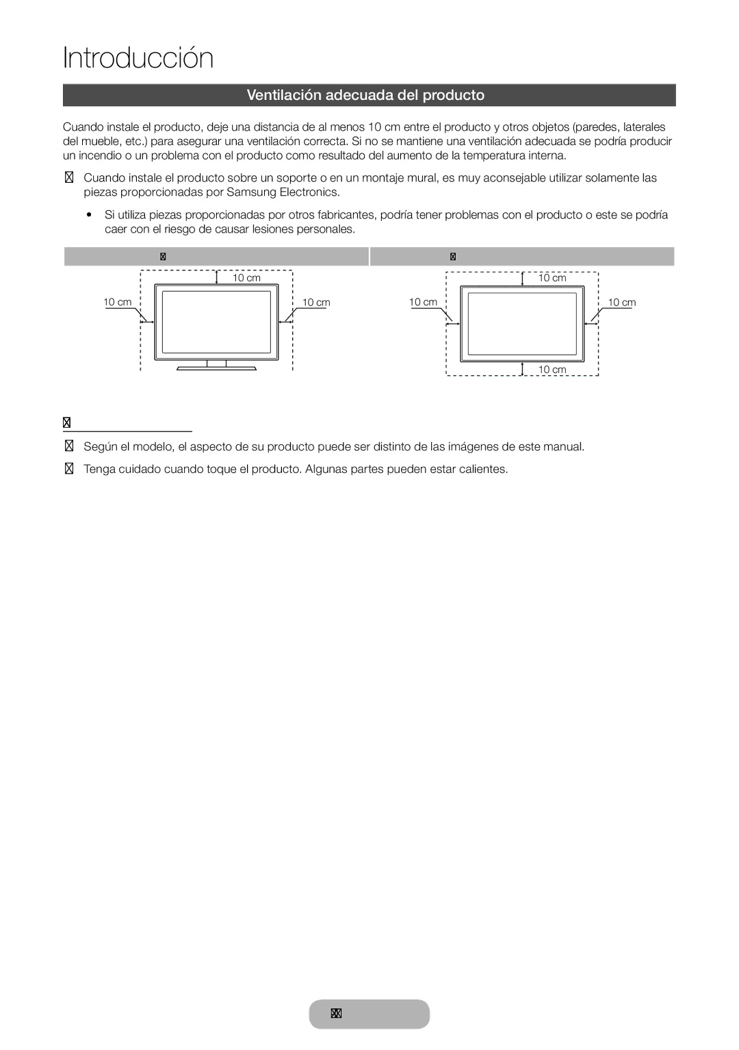 Samsung LT27D590EW/EN, LT27D390EW/EN, LT24D391EW/EN, LT24D590EW/EN Ventilación adecuada del producto, Otras advertencias 