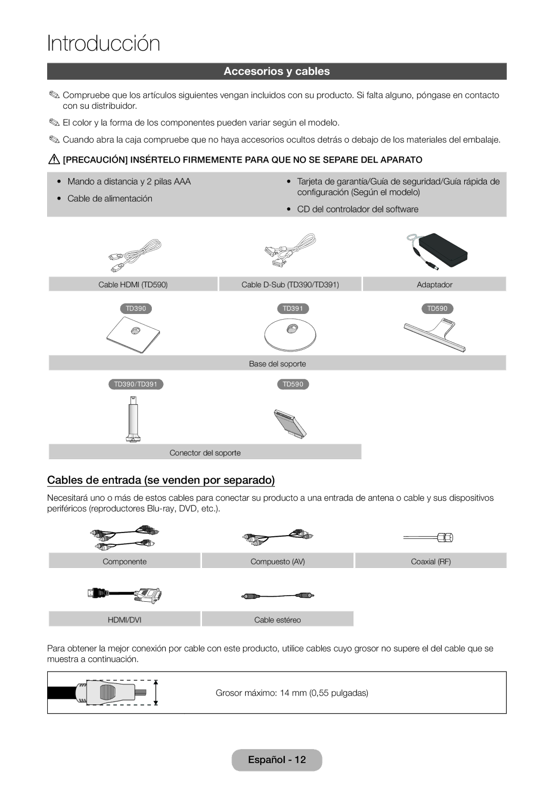 Samsung LT27D390EW/EN, LT24D391EW/EN, LT24D590EW/EN manual Accesorios y cables, Cables de entrada se venden por separado 