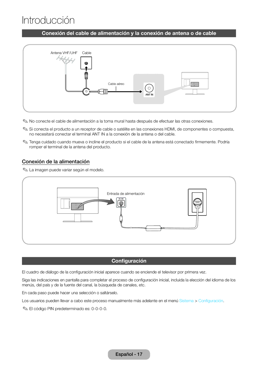 Samsung LT27D590EW/EN, LT27D390EW/EN, LT24D391EW/EN, LT24D590EW/EN, LT22D390EW/EN Conexión de la alimentación, Configuración 