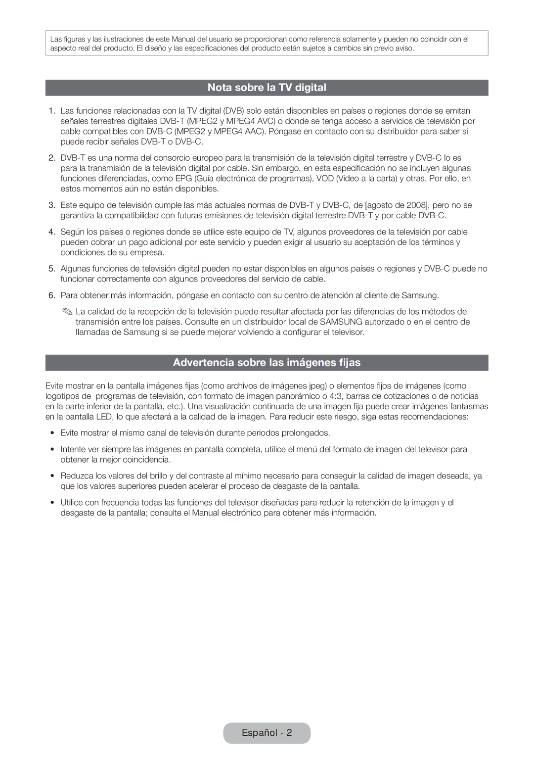 Samsung LT24D590EW/EN, LT27D390EW/EN, LT24D391EW/EN manual Nota sobre la TV digital, Advertencia sobre las imágenes fijas 