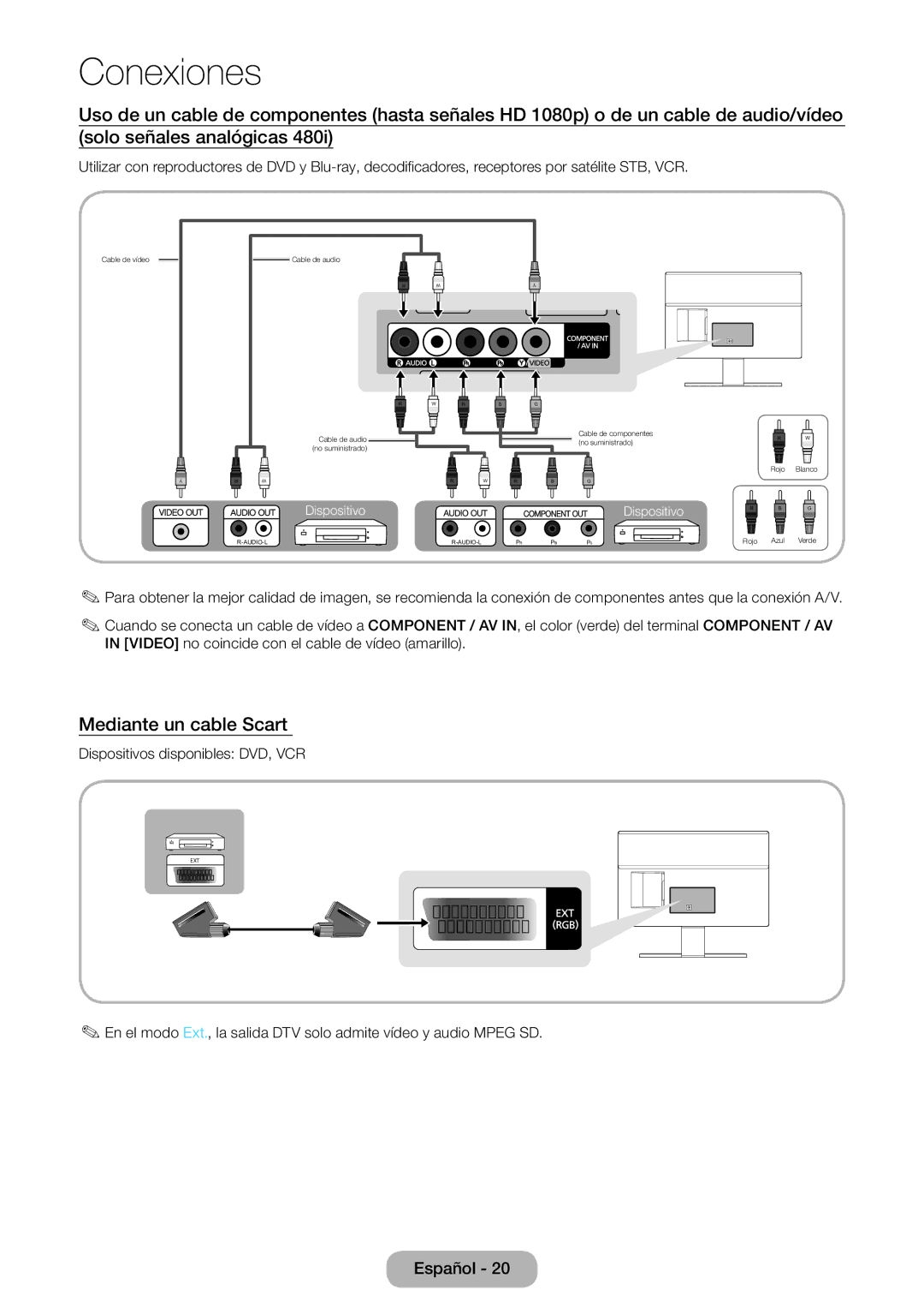 Samsung LT24D590EW/EN, LT27D390EW/EN, LT24D391EW/EN, LT22D390EW/EN, LT24D390EW/EN, LT27D590EW/EN manual Mediante un cable Scart 