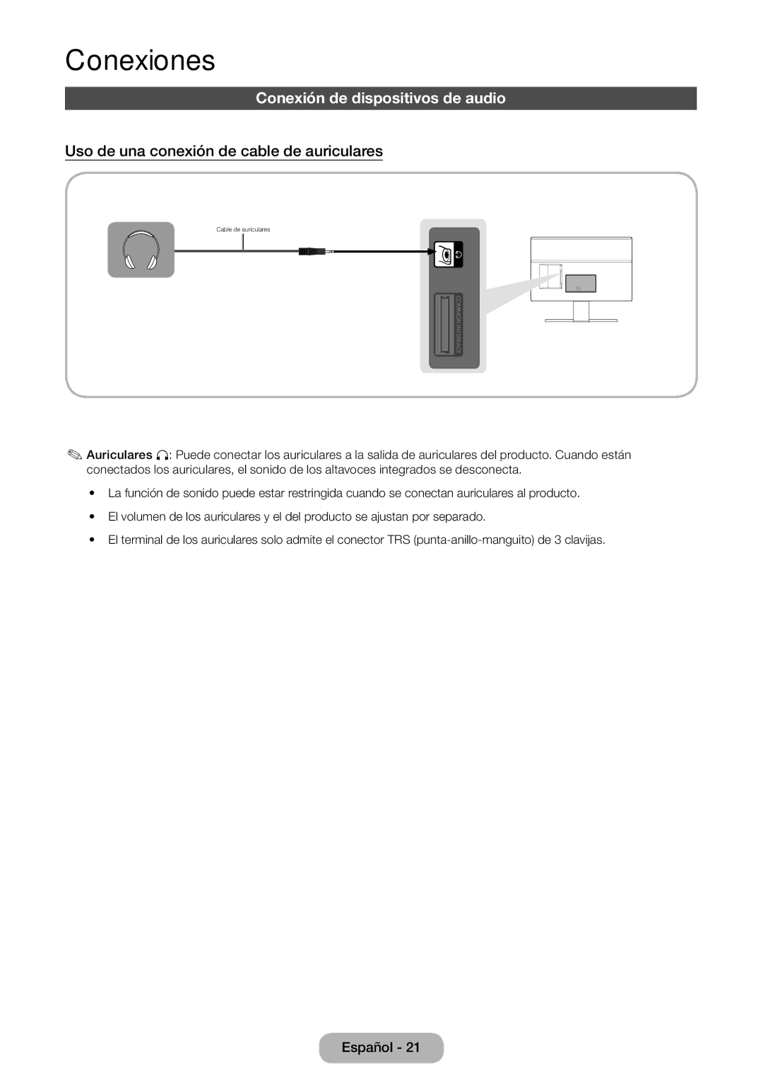 Samsung LT22D390EW/EN, LT27D390EW/EN manual Conexión de dispositivos de audio, Uso de una conexión de cable de auriculares 