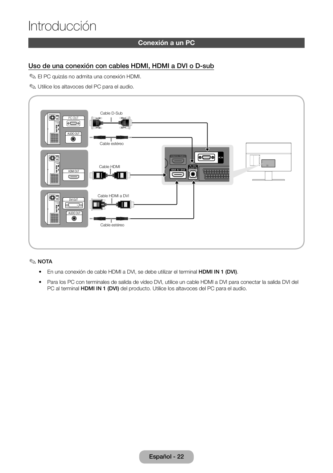 Samsung LT24D390EW/EN, LT27D390EW/EN manual Conexión a un PC, Uso de una conexión con cables HDMI, Hdmi a DVI o D-sub 