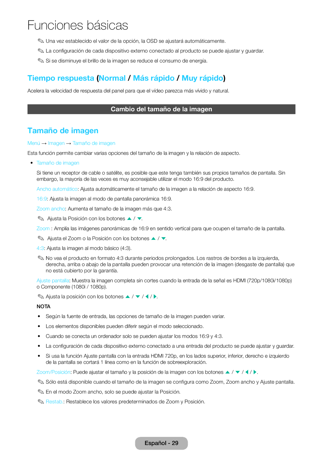 Samsung LT27D590EW/EN Tiempo respuesta Normal / Más rápido / Muy rápido, Tamaño de imagen, Cambio del tamaño de la imagen 