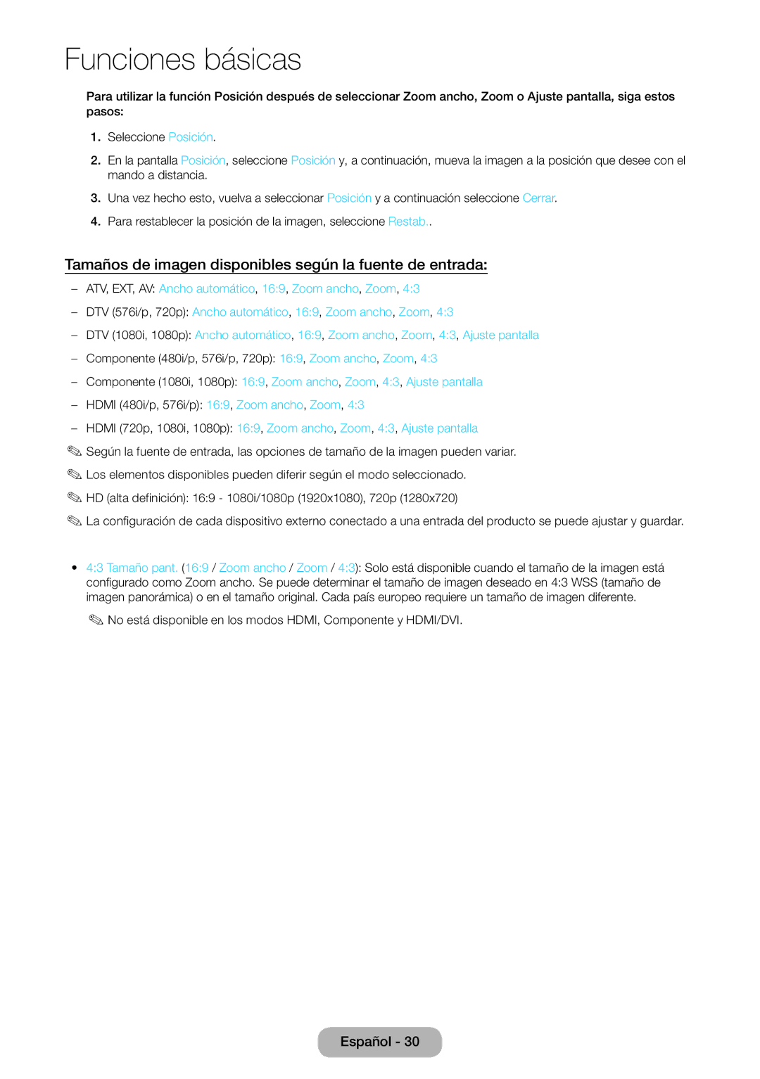 Samsung LT27D390EW/EN, LT24D391EW/EN, LT24D590EW/EN, LT22D390EW/EN Tamaños de imagen disponibles según la fuente de entrada 