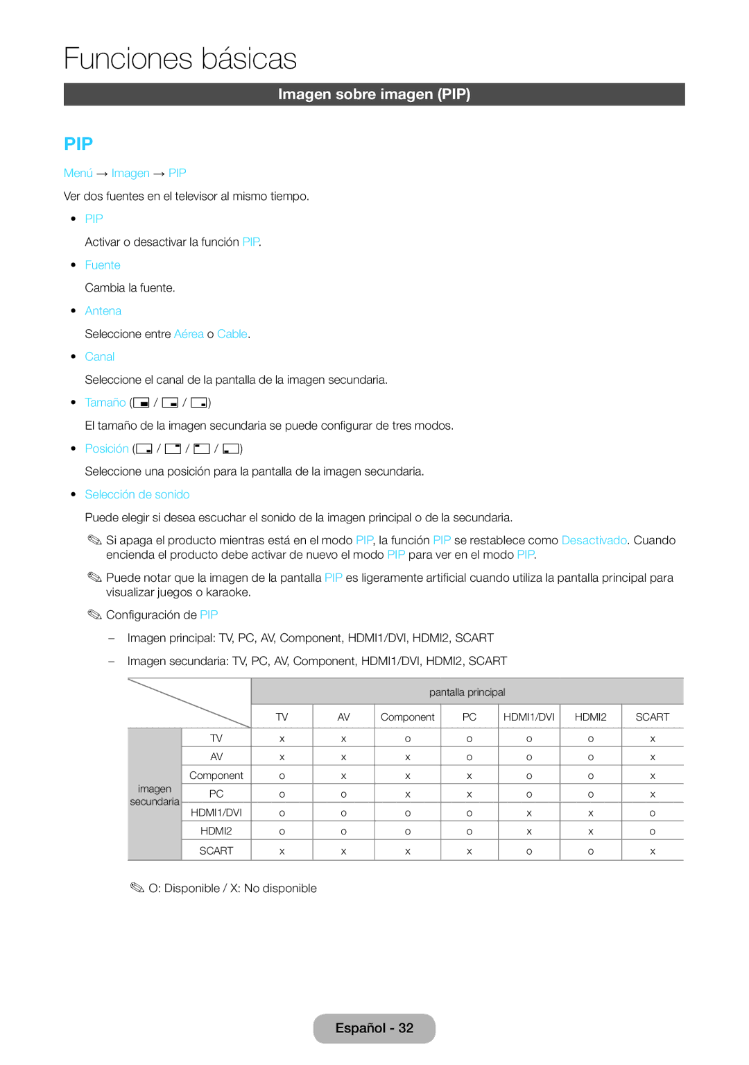 Samsung LT24D590EW/EN, LT27D390EW/EN manual Imagen sobre imagen PIP, Menú → Imagen → PIP, Antena, Canal, Selección de sonido 