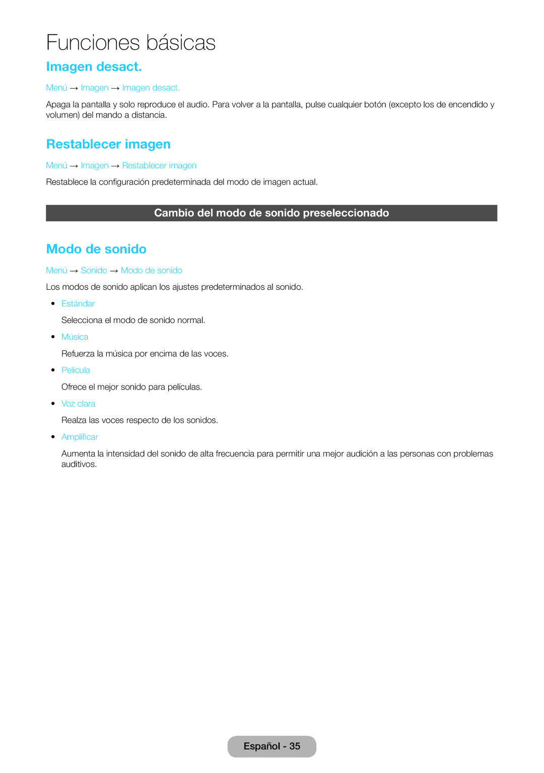 Samsung LT27D590EW/EN manual Imagen desact, Restablecer imagen, Modo de sonido, Cambio del modo de sonido preseleccionado 