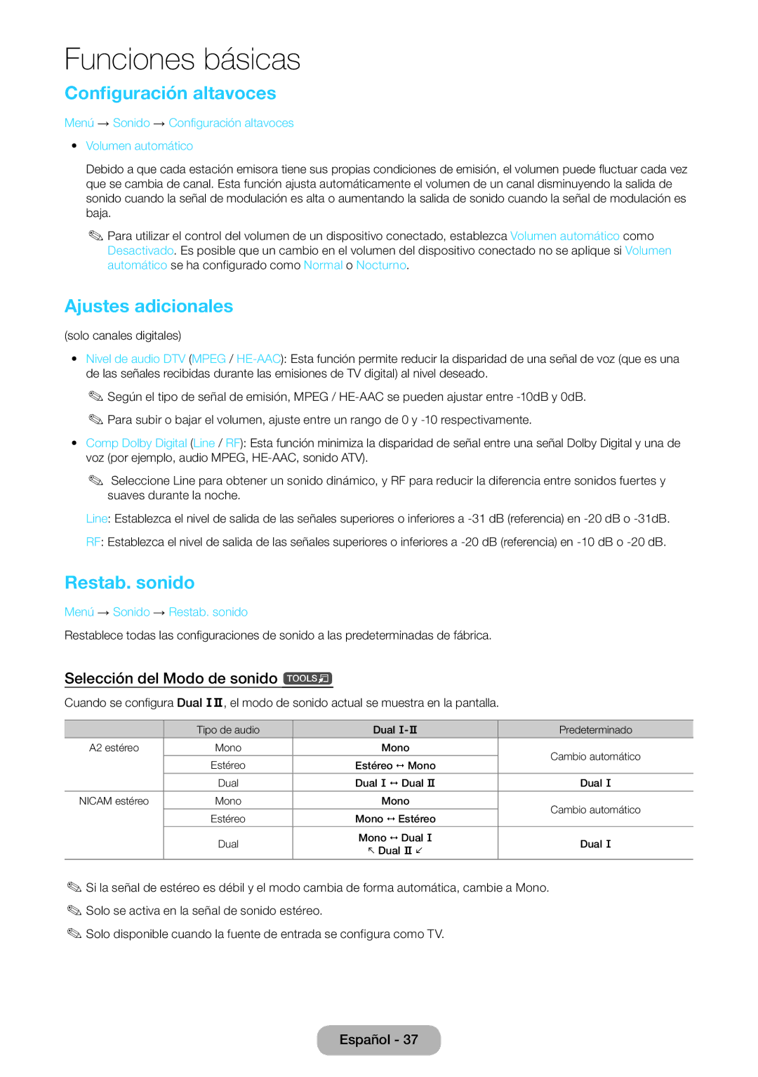 Samsung LT24D391EW/EN manual Configuración altavoces, Ajustes adicionales, Restab. sonido, Selección del Modo de sonido t 