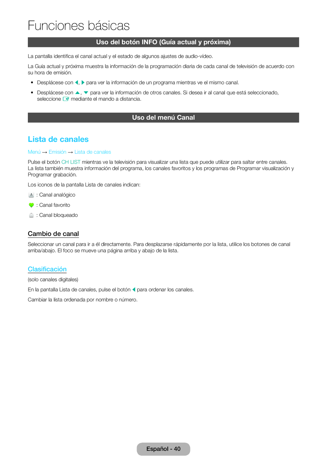 Samsung LT24D390EW/EN Lista de canales, Uso del botón Info Guía actual y próxima, Uso del menú Canal, Cambio de canal 