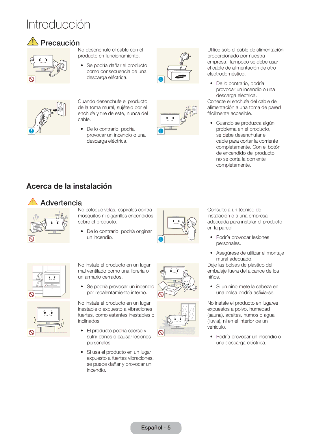 Samsung LT27D590EW/EN, LT27D390EW/EN, LT24D391EW/EN, LT24D590EW/EN, LT22D390EW/EN manual Precaución, Acerca de la instalación 