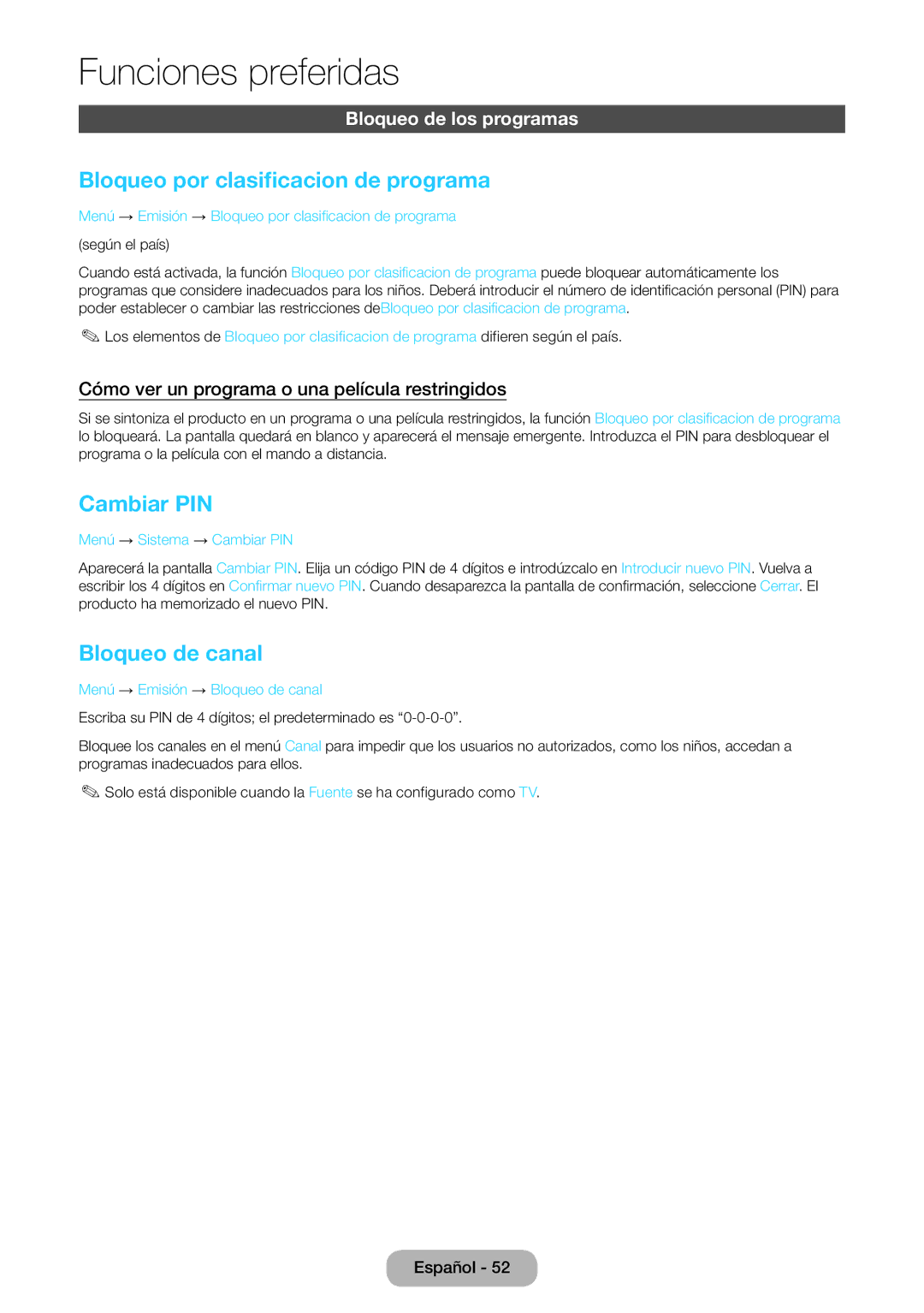 Samsung LT24D390EW/EN manual Bloqueo por clasificacion de programa, Cambiar PIN, Bloqueo de canal, Bloqueo de los programas 