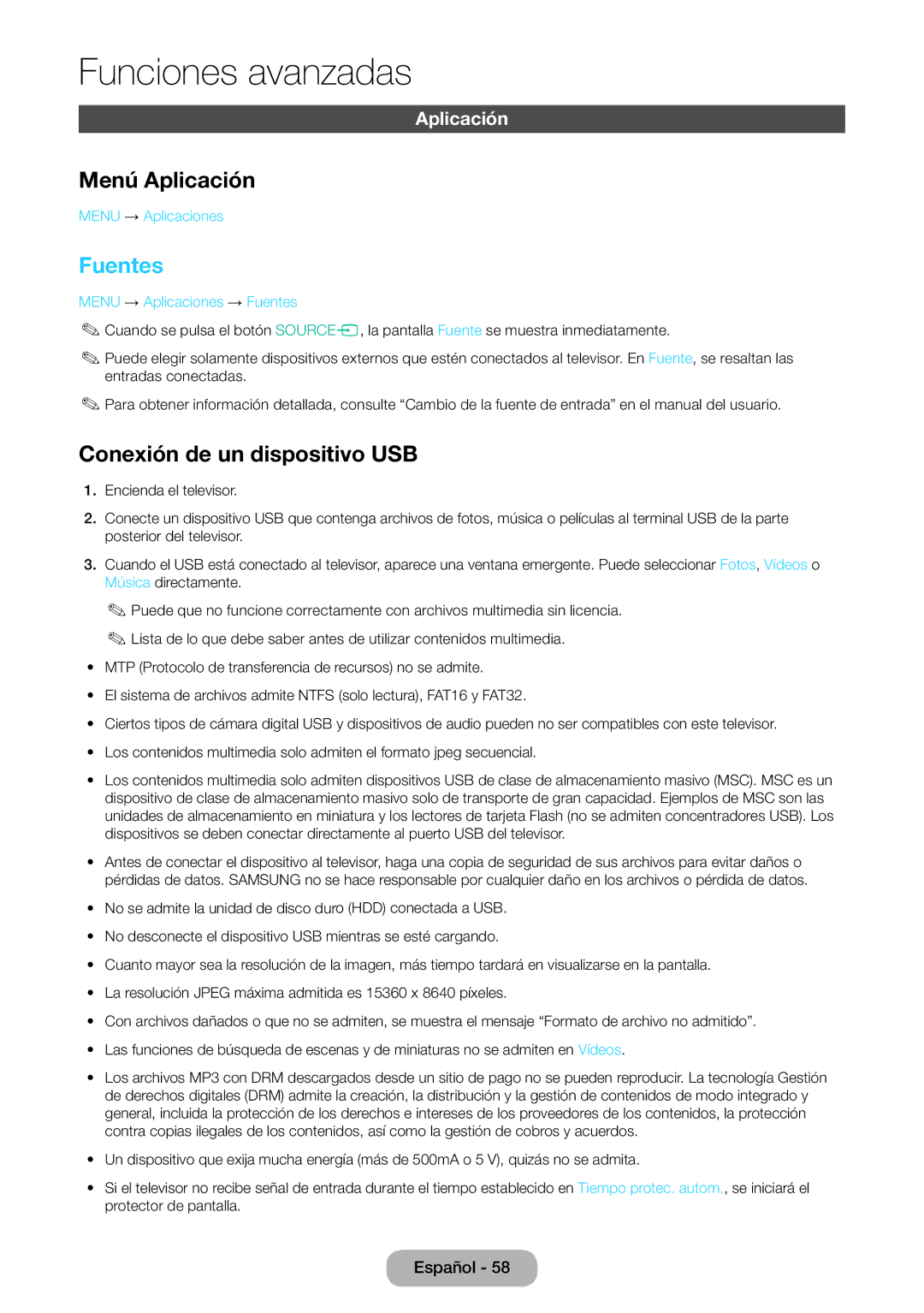 Samsung LT24D390EW/EN, LT27D390EW/EN, LT24D391EW/EN, LT24D590EW/EN Menú Aplicación, Fuentes, Conexión de un dispositivo USB 