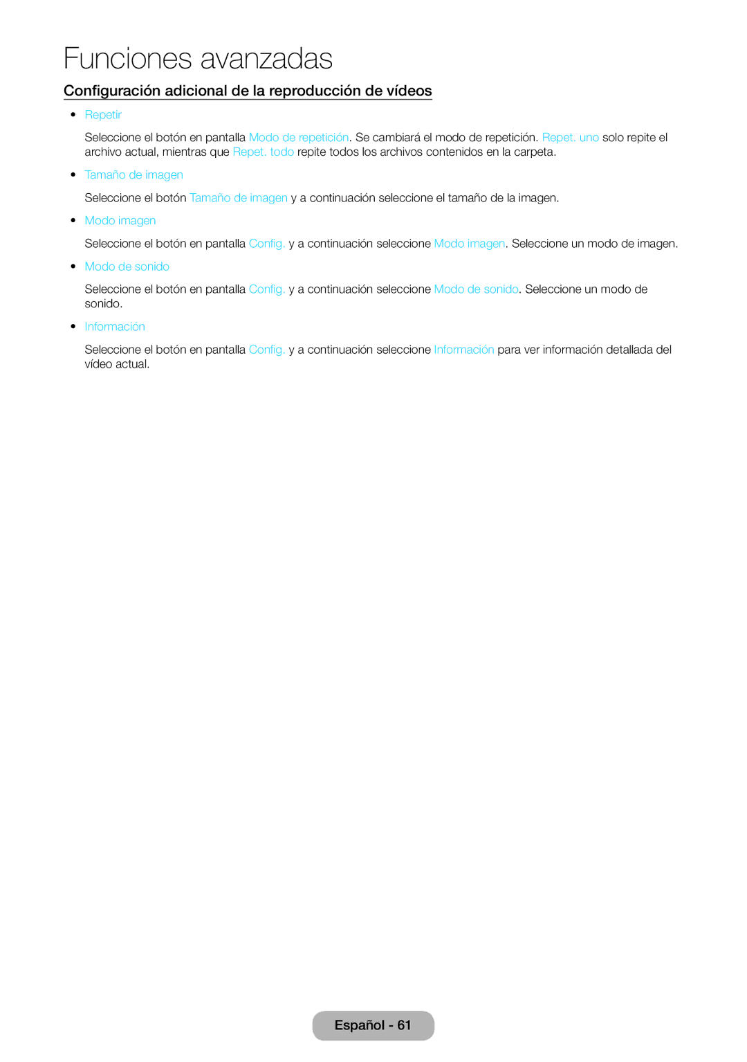 Samsung LT24D391EW/EN manual Configuración adicional de la reproducción de vídeos, Repetir, Modo imagen, Modo de sonido 