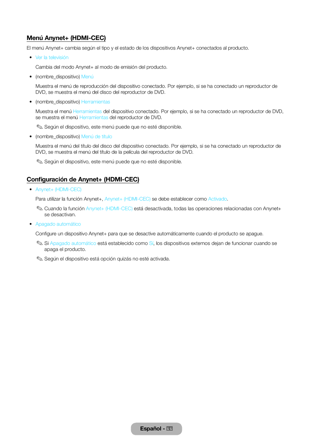 Samsung LT27D390EW/EN Menú Anynet+ HDMI-CEC, Configuración de Anynet+ HDMI-CEC, Ver la televisión, Apagado automático 