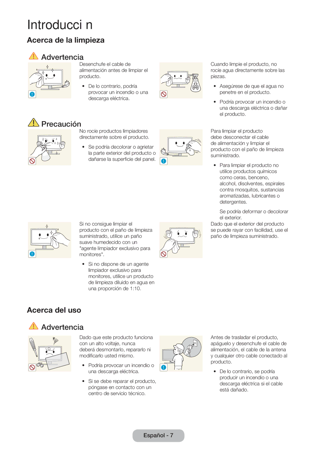 Samsung LT24D391EW/EN, LT27D390EW/EN, LT24D590EW/EN, LT22D390EW/EN, LT24D390EW/EN manual Acerca de la limpieza, Acerca del uso 