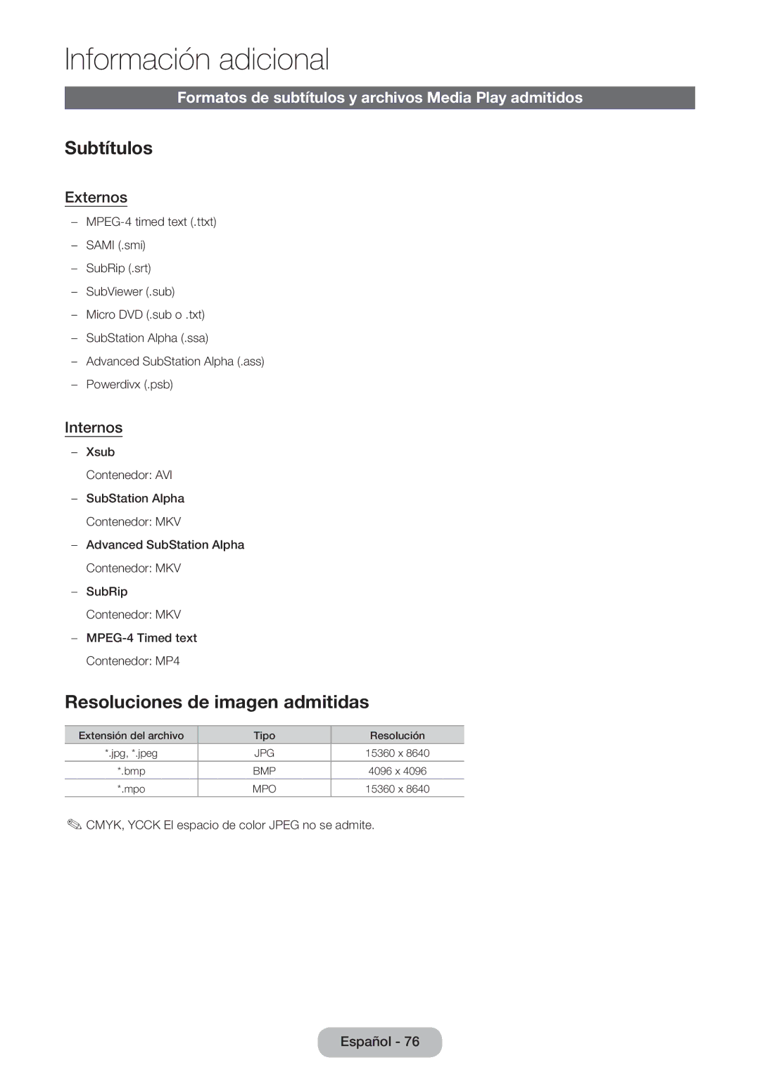 Samsung LT24D390EW/EN Subtítulos, Resoluciones de imagen admitidas, Formatos de subtítulos y archivos Media Play admitidos 