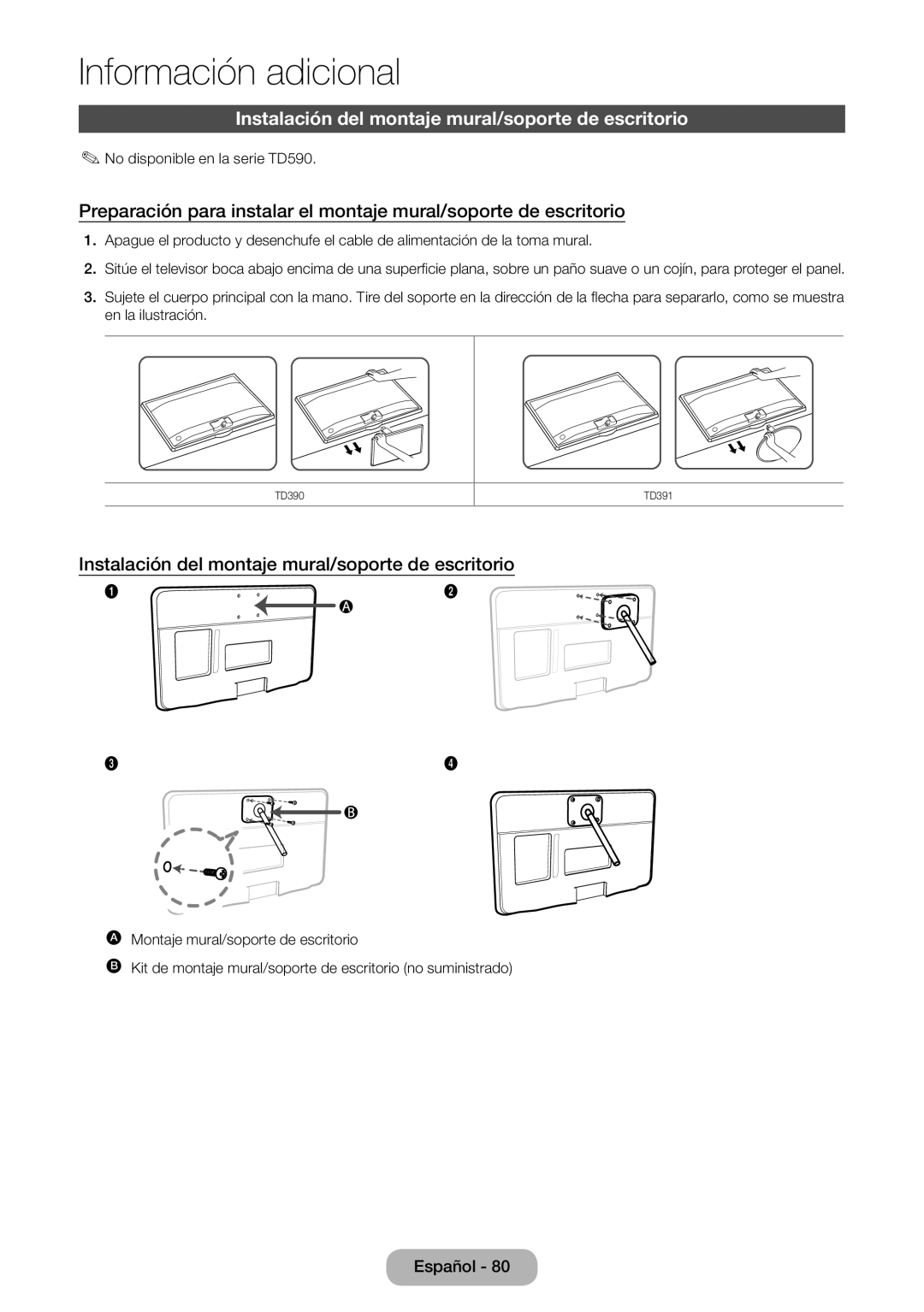 Samsung LT24D590EW/EN, LT27D390EW/EN, LT24D391EW/EN, LT22D390EW/EN manual Instalación del montaje mural/soporte de escritorio 