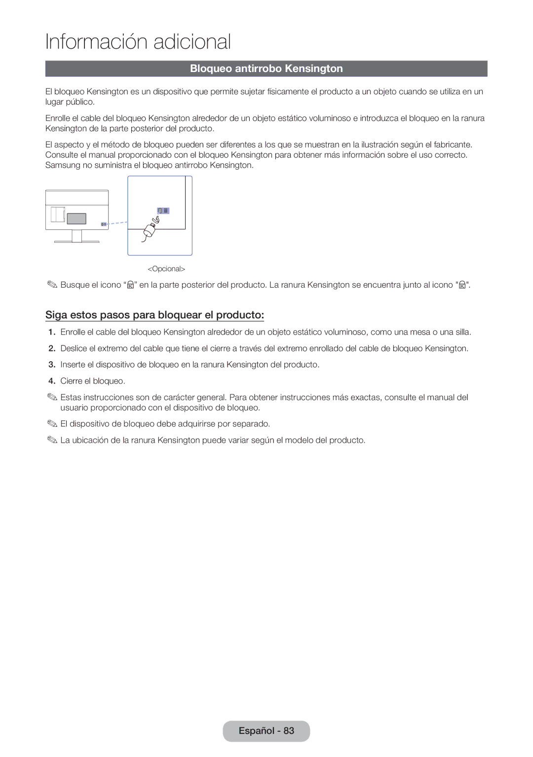 Samsung LT27D590EW/EN, LT27D390EW/EN manual Bloqueo antirrobo Kensington, Siga estos pasos para bloquear el producto 