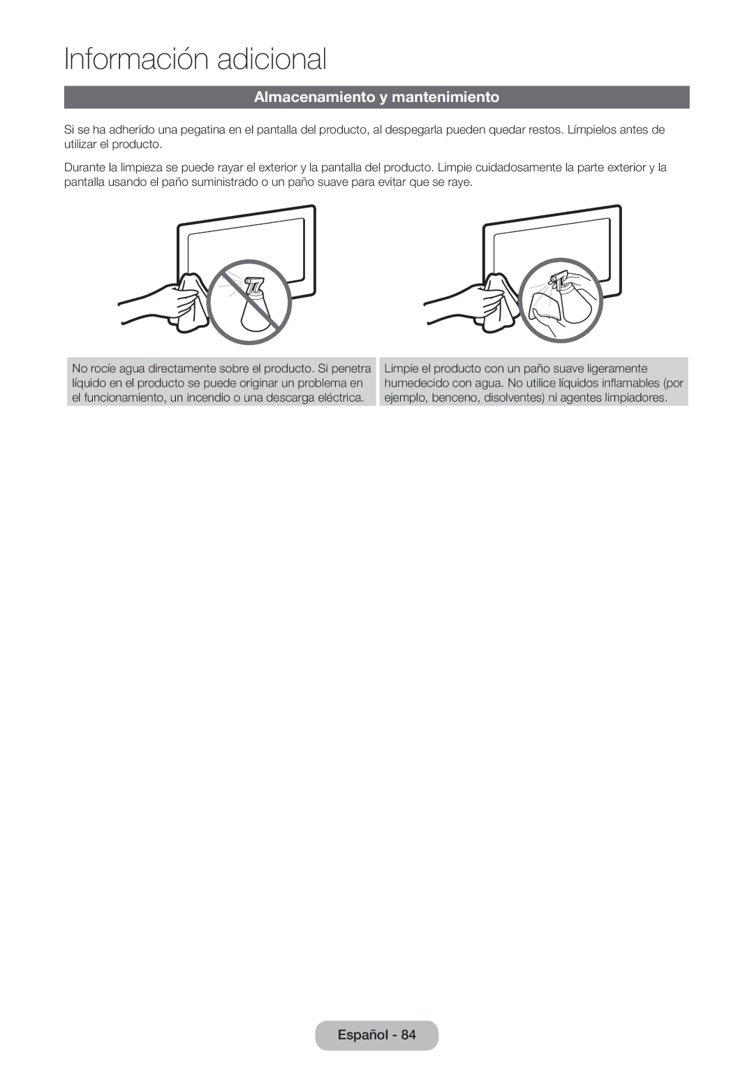 Samsung LT27D390EW/EN, LT24D391EW/EN, LT24D590EW/EN, LT22D390EW/EN, LT24D390EW/EN manual Almacenamiento y mantenimiento 