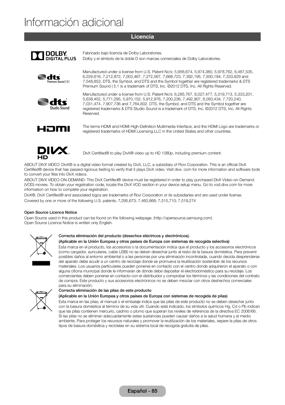 Samsung LT24D391EW/EN, LT27D390EW/EN, LT24D590EW/EN, LT22D390EW/EN manual Licencia, HD 1080p, including premium content 