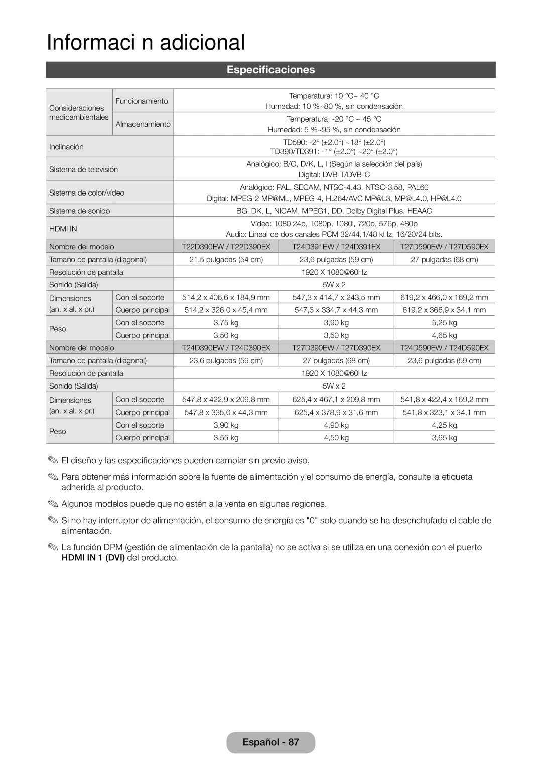 Samsung LT22D390EW/EN, LT27D390EW/EN, LT24D391EW/EN, LT24D590EW/EN, LT24D390EW/EN Especificaciones, Sistema de color/vídeo 