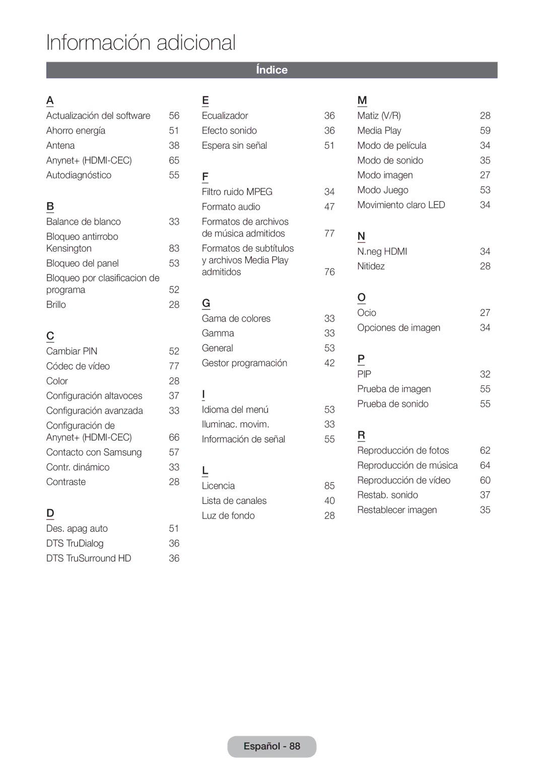 Samsung LT24D390EW/EN, LT27D390EW/EN, LT24D391EW/EN, LT24D590EW/EN, LT22D390EW/EN, LT27D590EW/EN manual Índice, 77 N, 42 P, 55 R 