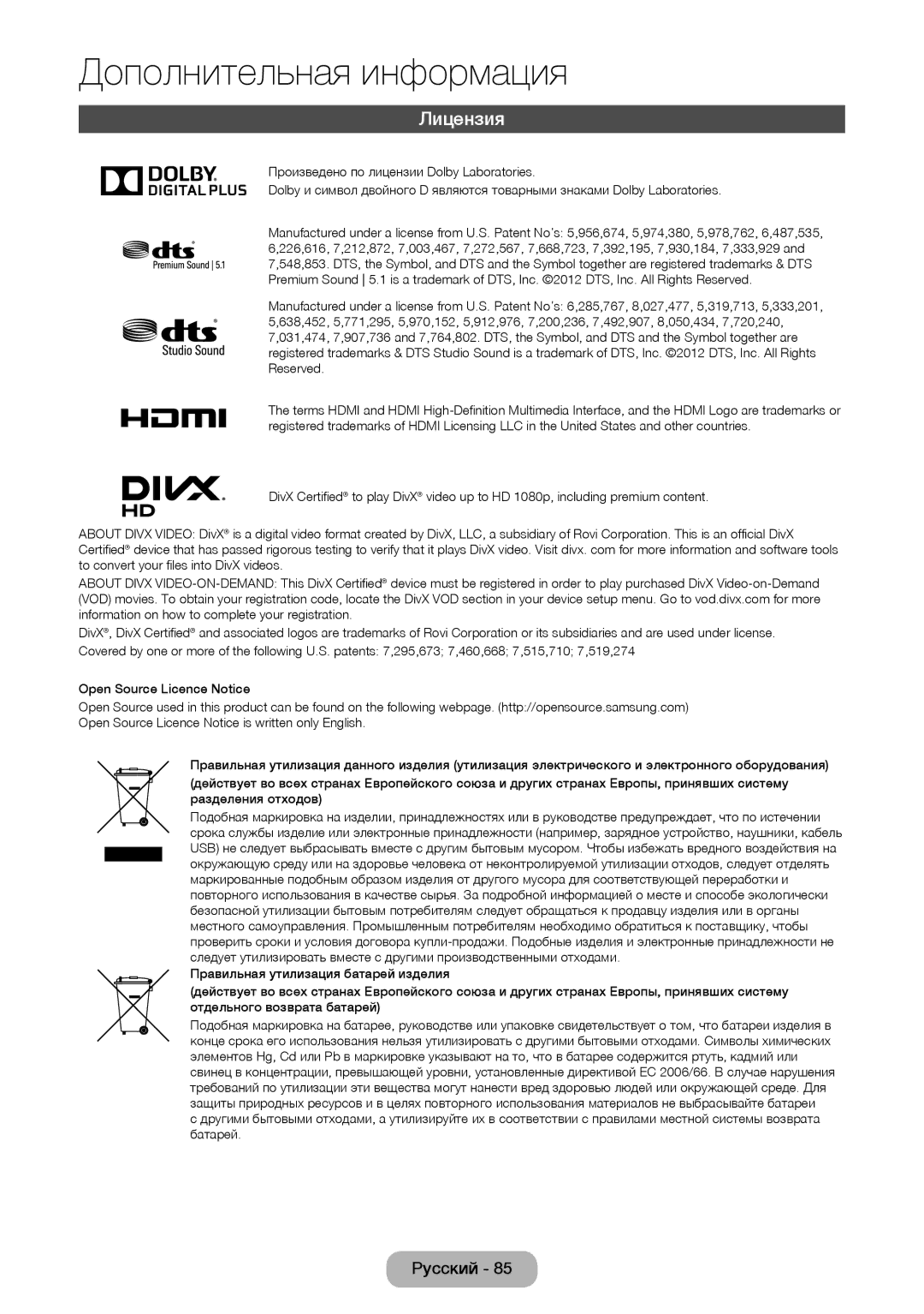 Samsung LT24D390EW/EN, LT27D390EW/EN, LT24D391EW/EN, LT24D590EW/EN, LT22D390EW/EN, LT27D590EW/EN, LT24D391EX/RU manual Лицензия 